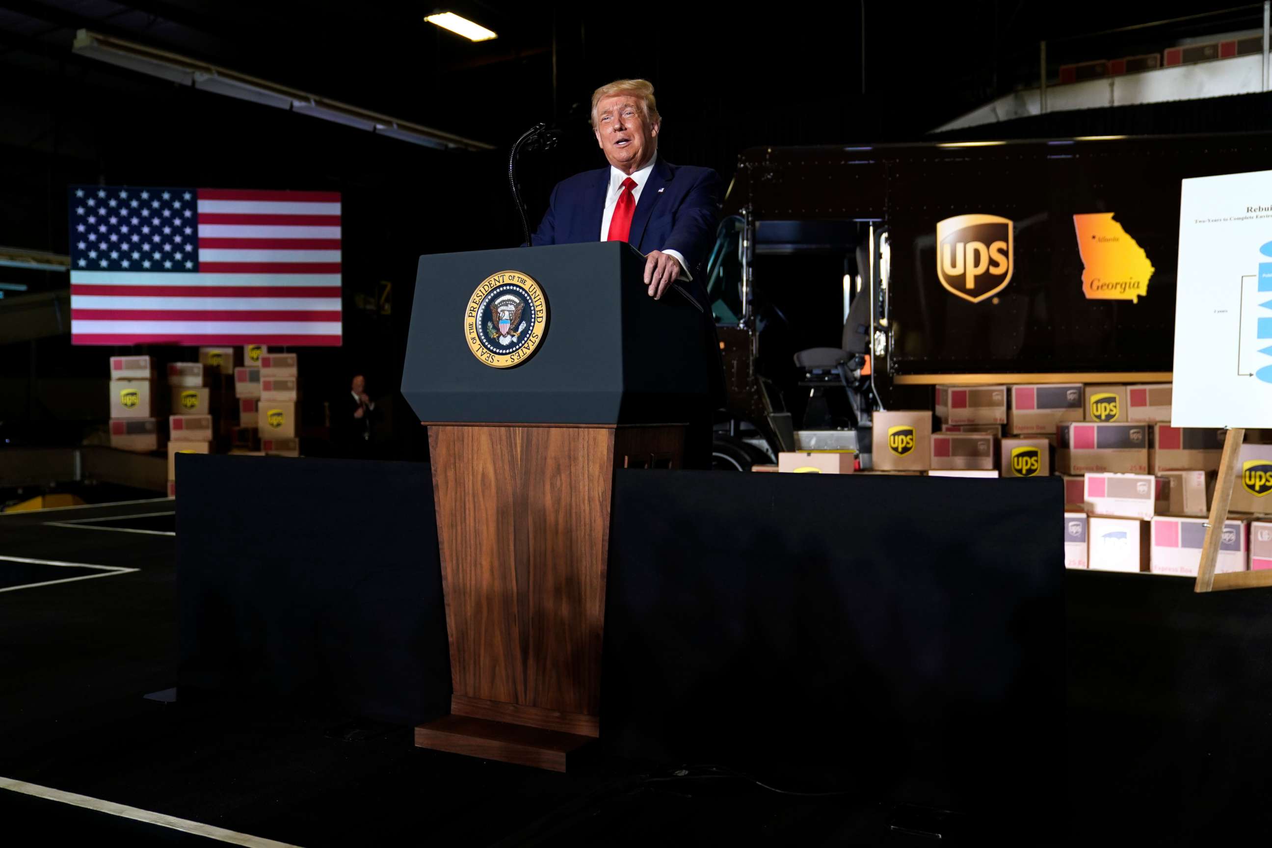 PHOTO: President Donald speaks during an event on American infrastructure at UPS Hapeville Airport Hub, July 15, 2020, in Atlanta.