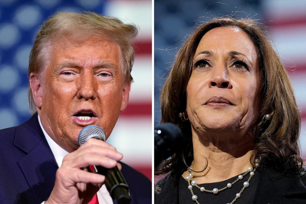 PHOTO: This combination of file photos shows former President Donald Trump speaking on Oct. 20, 2024, in Lancaster, Pennsylvania, and Vice President Kamala Harris speaking on Oct. 14, 2024, in Erie, Pennsylvania.