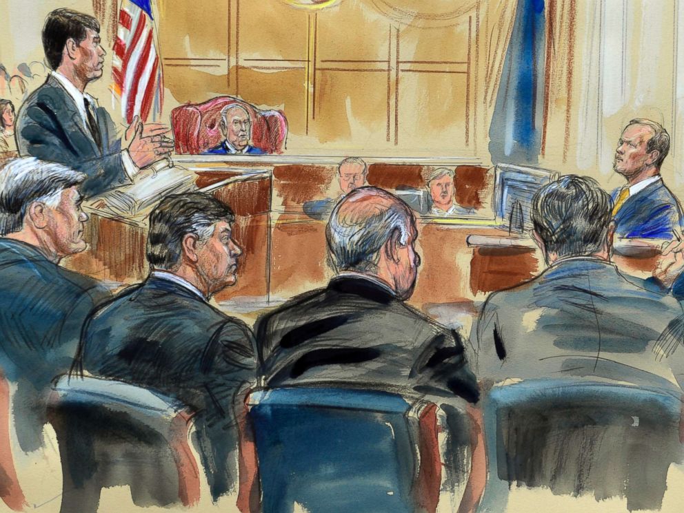 PHOTO: This courtroom sketch depicts Rick Gates, right, answering questions by prosecutor Greg Andres as he testifies in the trial of Paul Manafort, seated second from left, at the Alexandria Federal Courthouse in Alexandria, Va., Aug. 6, 2018.
