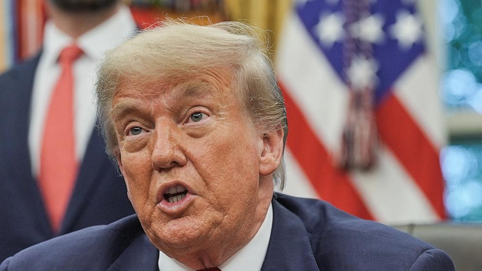 PHOTO: President Donald Trump speaks during a meeting in the Oval Office at the White House in Washington, D.C., on June 27, 2025.