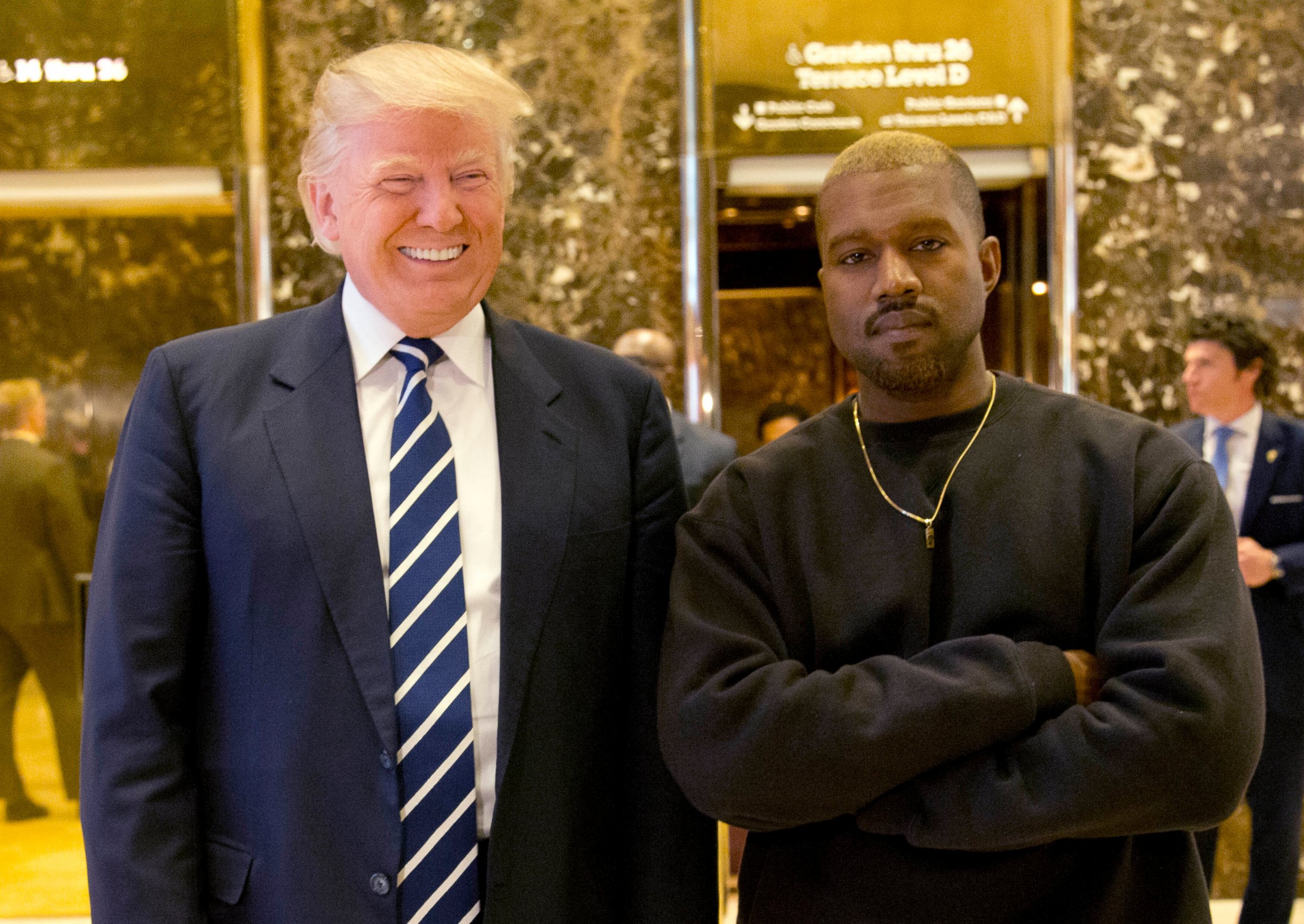PHOTO: In this Dec. 13, 2016, file photo, President-elect Donald Trump and Kanye West pose for a picture in the lobby of Trump Tower in New York. 