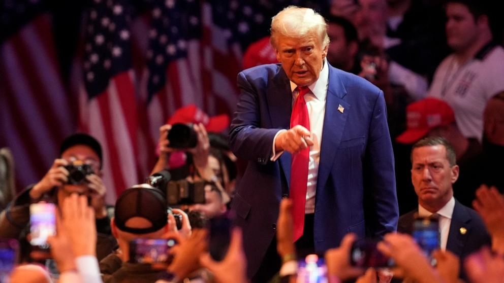 PHOTO: Republican presidential nominee and former President Donald Trump gestures at a campaign rally at Madison Square Garden on Oct. 27, 2024, in New York.