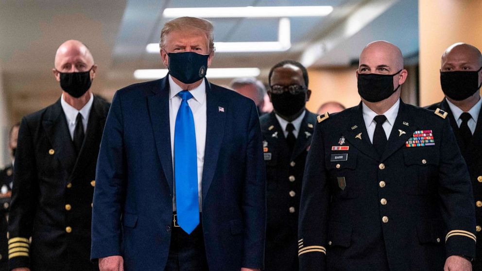 PHOTO: President Donald Trump wears a mask as he visits Walter Reed National Military Medical Center in Bethesda, MD., on July 11, 2020.