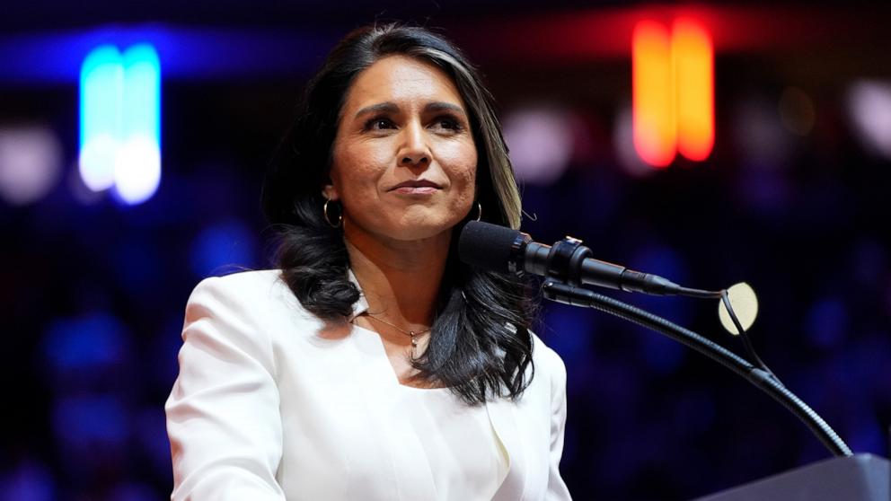 PHOTO: Tulsi Gabbard speaks before Republican presidential nominee former President Donald Trump at a campaign rally at Madison Square Garden, Oct. 27, 2024, in New York City.