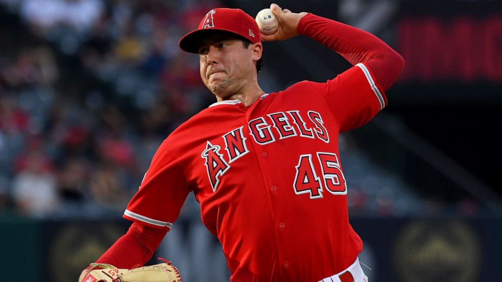 PHOTO: Tyler Skaggs of the Los Angeles Angels pitches in the game, June 29, 2019, in Anaheim, Calif.