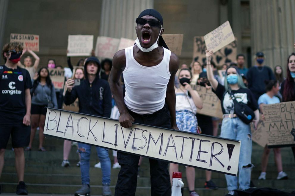 PHOTO: A protester outside St George's Hall on June 2, 2020 in Liverpool, United Kingdom.