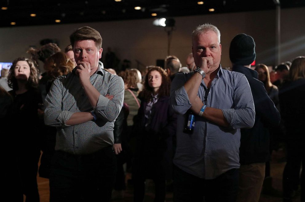 PHOTO: Supporters of Democratic presidential candidate former Vice President Joe Biden watch television results at his rally in Des Moines, Iowa, U.S., February 3, 2020. REUTERS/Ivan Alvarado