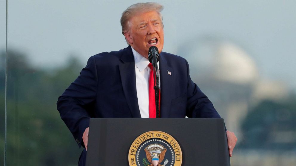PHOTO: U.S. President Donald Trump speaks to attendees as he hosts a 4th of July "2020 Salute to America" to celebrate the U.S. Independence Day holiday at the White House in Washington, U.S., July 4, 2020.   