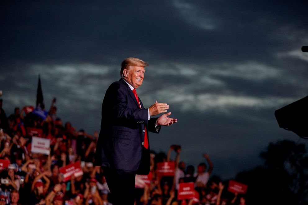 PHOTO: Former President Donald Trump arrives at the Sarasota Fairgrounds to speak to his supporters during the Save America Rally in Sarasota, Fla., July 3, 2021.