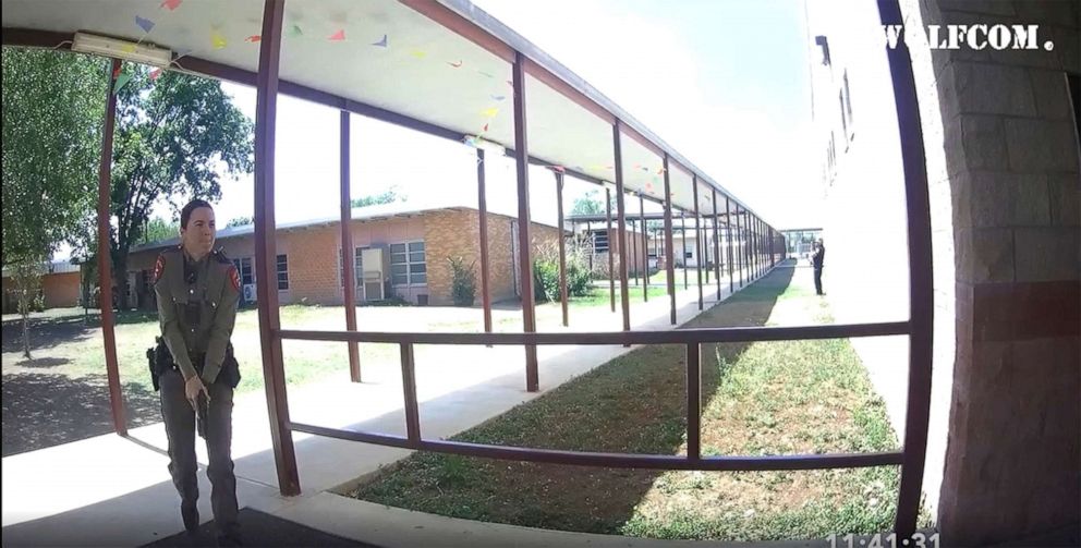 PHOTO: This image from video released by the City of Uvalde, Texas shows Texas Department of Public Safety trooper Crimson Elizondo responding to a shooting at Robb Elementary School, on May 24, 2022 in Uvalde, Texas.