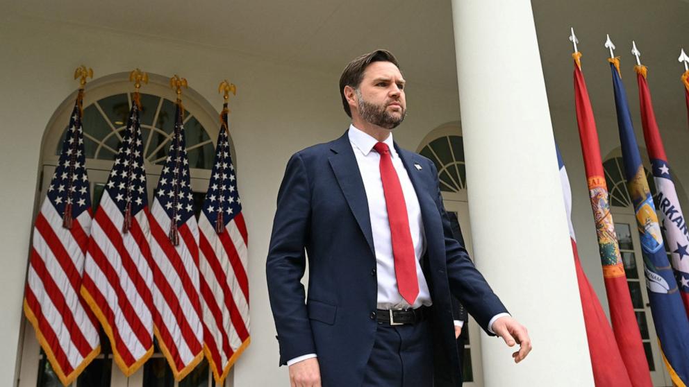 PHOTO: Vice President JD Vance arrives to attend President Donald Trump's remarks on reciprocal tariffs in the Rose Garden of the White House in Washington, D.C., on April 2, 2025.