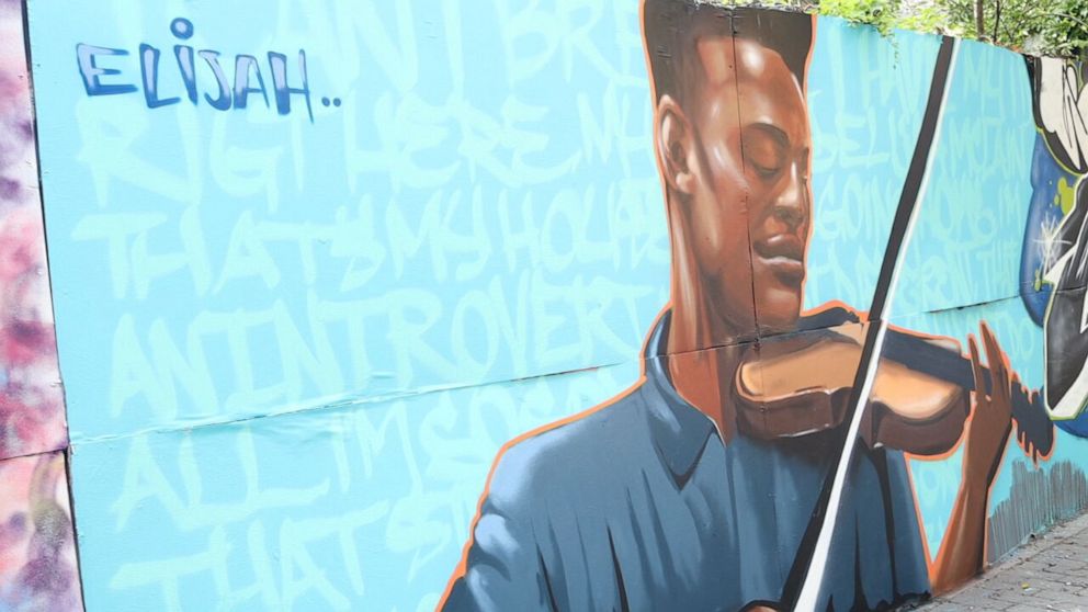 PHOTO: A mural of Elijah McClain painted by Vince Ballentine in July 2020. McClain died after he was stopped by police, restrained in a chokehold and then given a dose of a sedative by EMTs. 