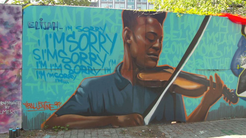PHOTO: Vince Ballentine's restored mural of Elijah McClain. It had been tagged over a few weeks after initially completing it in the area that says, "I'm sorry." 