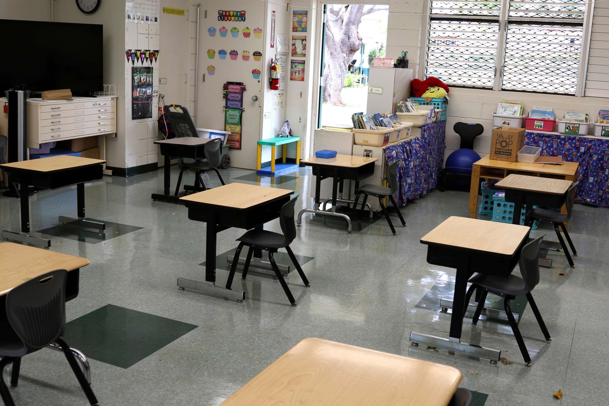 PHOTO: Desks are spaced out in a classroom at Aikahi Elementary School in Kailua, Hawaii on Tuesday, July 28, 2020. 