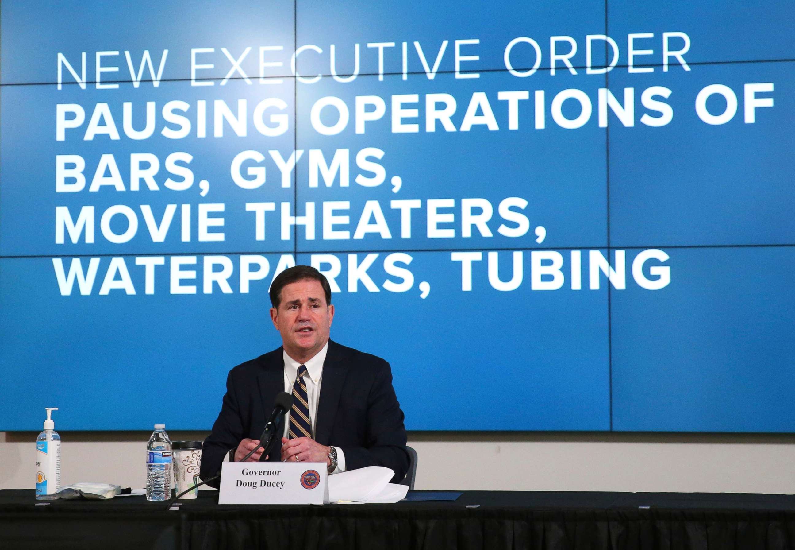 PHOTO: Arizona Gov. Doug Ducey announces a new executive order in response to the rising COVID-19 cases in the state, during a news conference in Phoenix on Monday, June 29, 2020. 