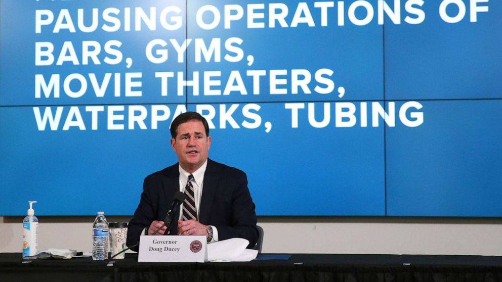 PHOTO: Arizona Gov. Doug Ducey announces a new executive order in response to the rising COVID-19 cases in the state, during a news conference in Phoenix on Monday, June 29, 2020. 