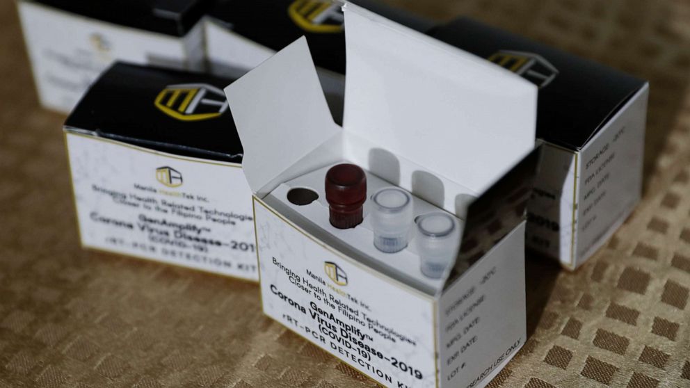 PHOTO: A newly developed SARS CoV-2 detection kit by University of the Philippines scientists is shown during a press conference in Quezon city, Philippines, Thursday, March 12, 2020. 