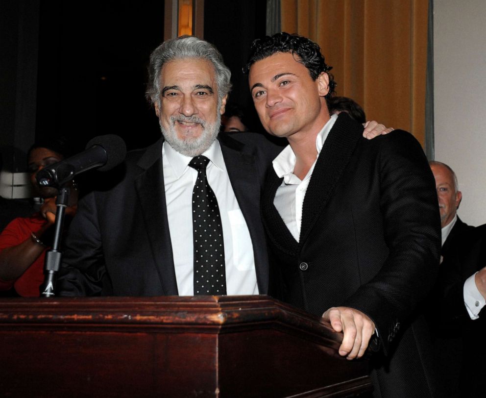 PHOTO: Tenor and conductor Placido Domingo, left, and Vittorio Grigolo pose together at the opening night of Romeo et Juliette in Los Angeles on Sunday, Nov. 6, 2011.
