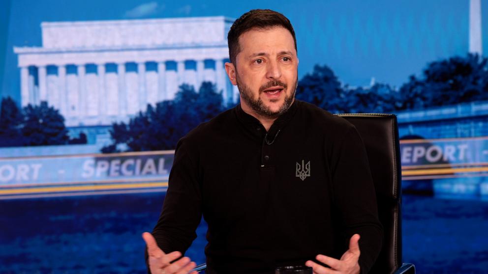 PHOTO: Ukrainian President Volodymyr Zelenskyy speaks during an interview with Fox News, February 28, 2025 in Washington.