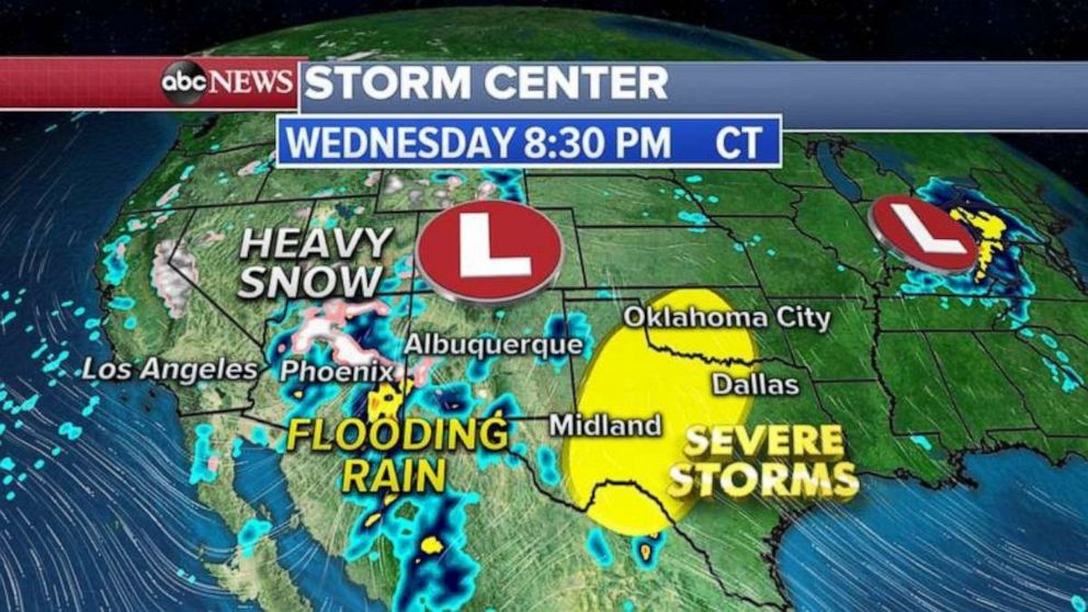 PHOTO: Severe thunderstorms are possible Wednesday from Midland, Texas, to Dallas and into Oklahoma City. These storms will bring, damaging winds, large hail and a few tornadoes. 