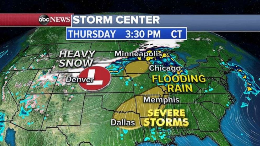 PHOTO: The entire western storm system will move into the Plains and the Midwest on Thursday and with it, severe thunderstorms are possible from Dallas to Memphis