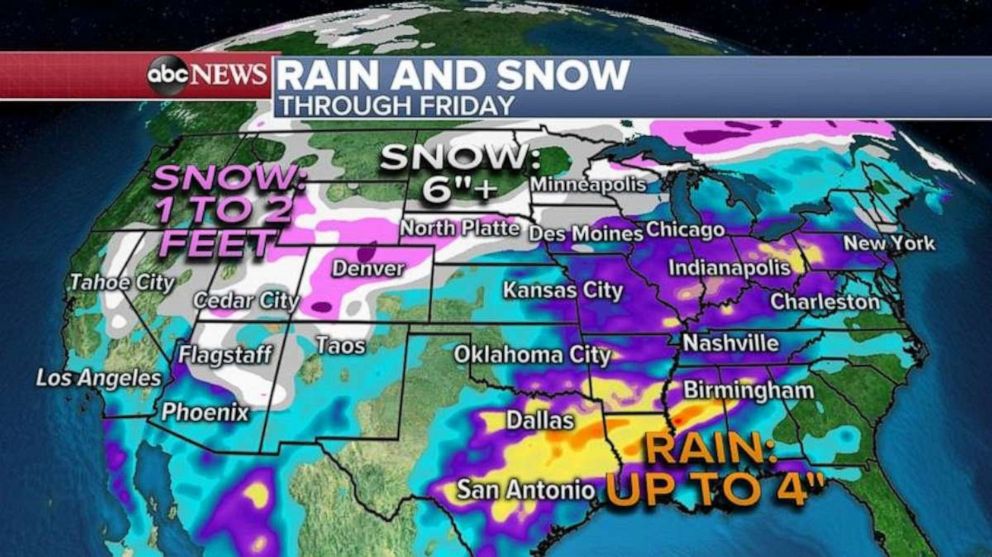 PHOTO: The heaviest rain will be from Texas to Mississippi and Alabama where some areas could see 4 inches of accumulation. 