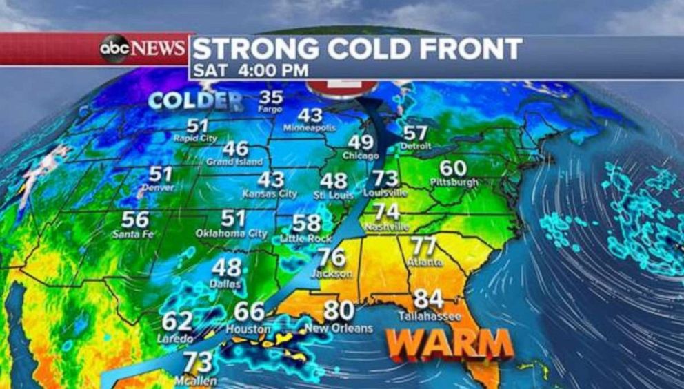 PHOTO: A pretty strong cold front is moving through the central U.S. Saturday. There are some regions of the country that could see a 20 to 30-degree temperature drop within just a few hundred miles. 