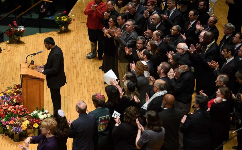 PHOTO: Wasi Mohamed, the executive director of the Islamic Center of Pittsburgh speaks to the audience during a service to honor and mourn the victims of Saturday's mass shooting at the Tree Of Life Synagogue, Oct. 28, 2018 in Pittsburgh.