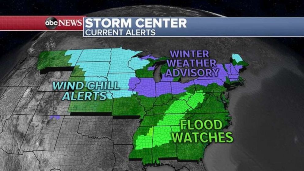 PHOTO: An arctic cold front from the north and a storm system from the south are joining in the East Coast Thursday morning with snow, ice and heavy rain.