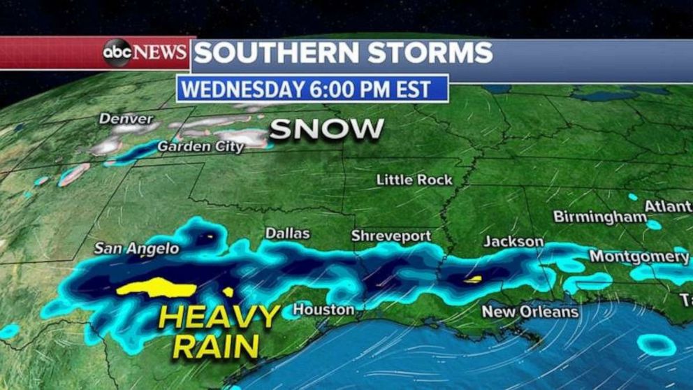 PHOTO: Wednesday, the heaviest rain will begin in Texas and will move east over the next 24 hours. 