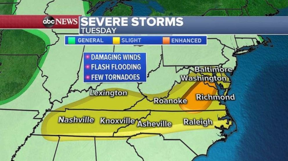 Severe storms are expected across much of the Tennessee Valley and Mid-Atlantic regions.