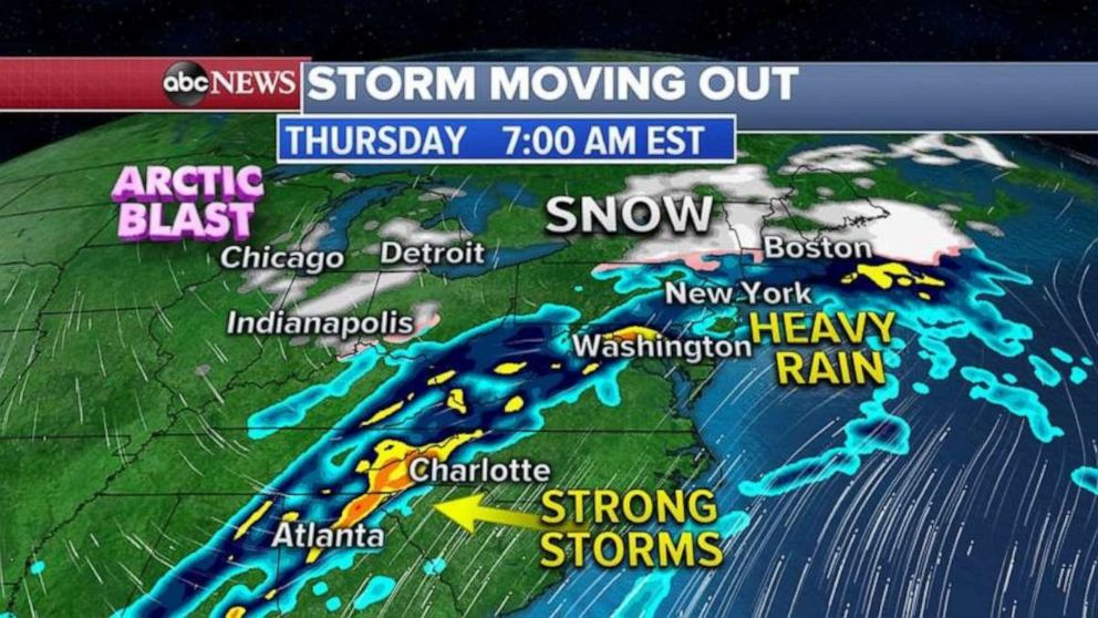 PHOTO: The combined Arctic cold front and southern storm will continue to move the East Coast bringing strong to severe storms to the Carolinas.