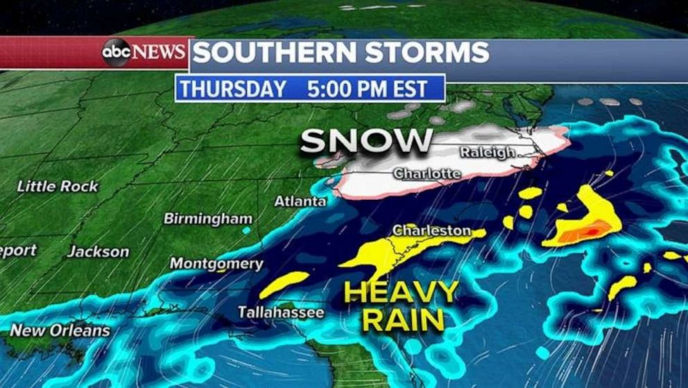 PHOTO: The southern part of that storm system has stalled and will bring heavy rains to the South with even some snow for the Carolinas. 