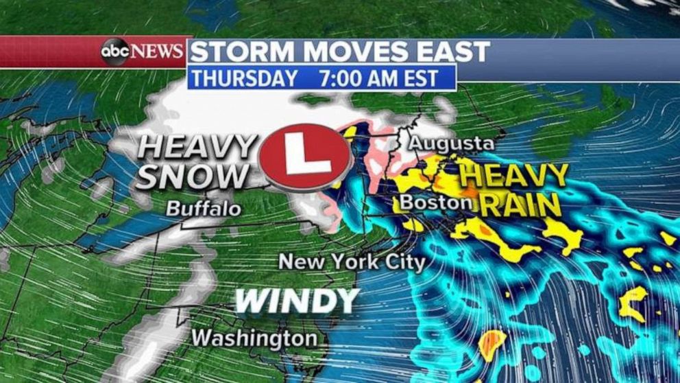 PHOTO: The storm system will move into the Northeast with heavy rain moving up the I-95 corridor from Washington D.C. to New York City and Boston by Thursday morning.