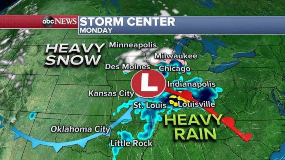 PHOTO: On Monday a piece of this storm will move quickly into the Upper Midwest and bring a little bit of snow and mixed precipitation to parts of the region from Iowa into Wisconsin. 