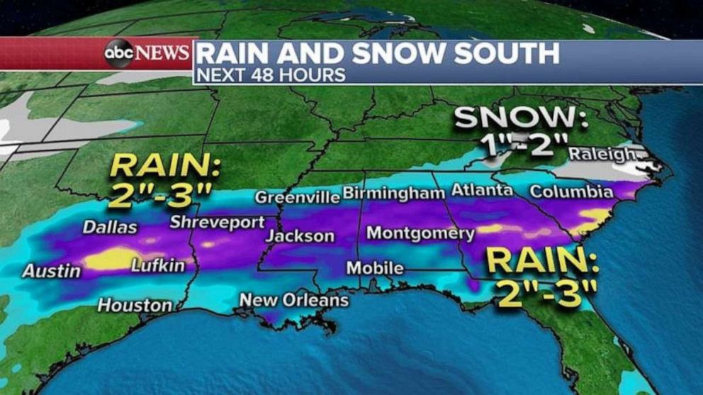 PHOTO: By Thursday morning, the heaviest rain will move into already flooded areas of the South from Mississippi to Alabama, where an additional 1 to 3 inches of rain is possible. 