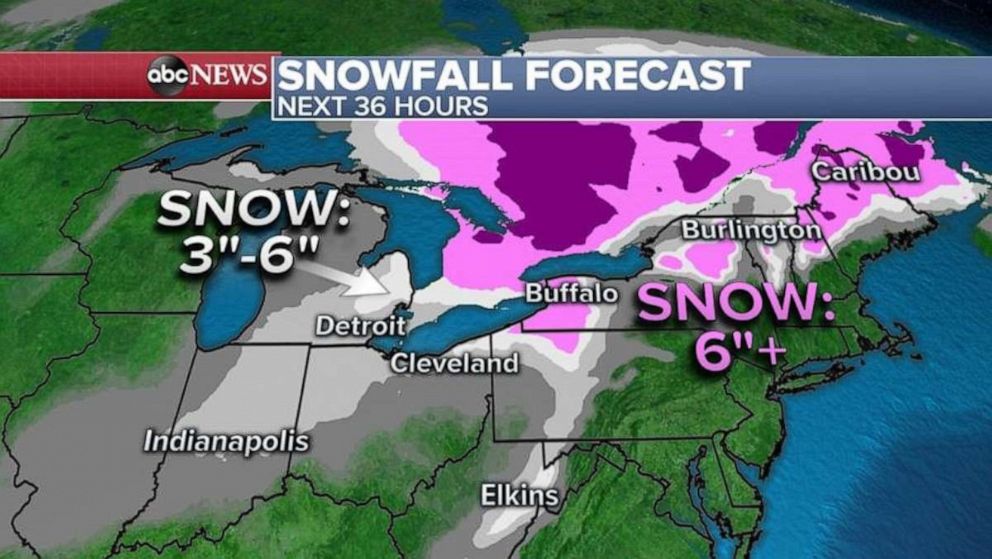 PHOTO: Snowfall totals will be the greatest from Michigan to western New York and into northern New England where 6 to 12 inches of snow is possible.