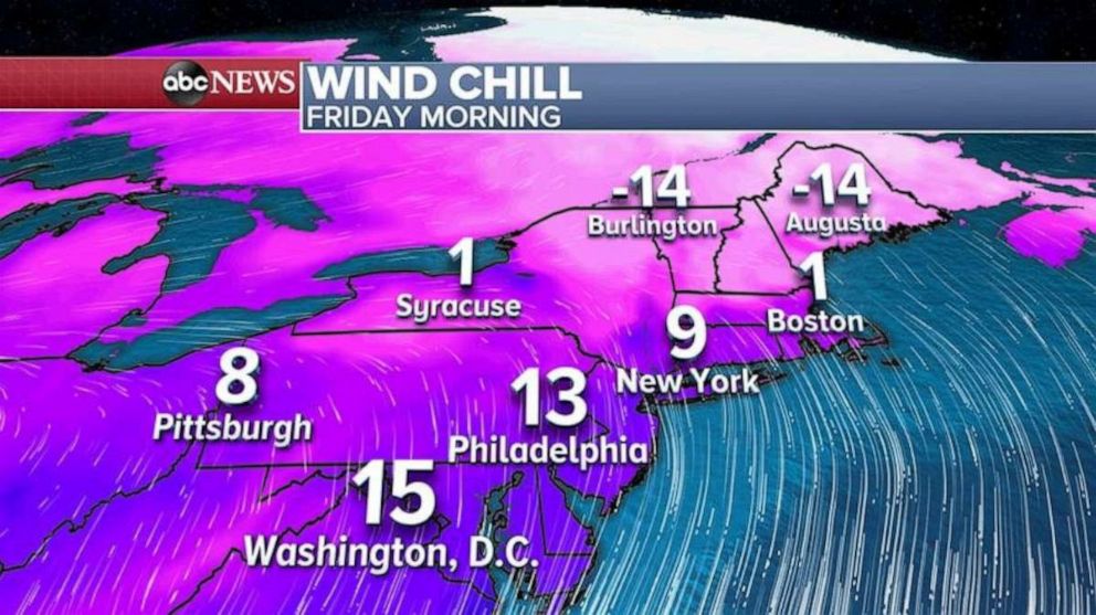 PHOTO: This cold blast moves into the Northeast during the day Thursday. Wind chills will bottom out Friday morning in the region with single digits possible from New York City to Boston.