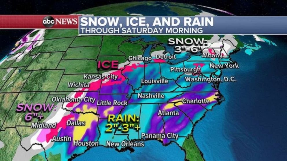 PHOTO: Through Saturday morning, locally over 6 inches of snow could fall in parts of Texas, 3-6 inches in the extreme Northeast, and a large region of Ice could accumulate from Texas to New York.