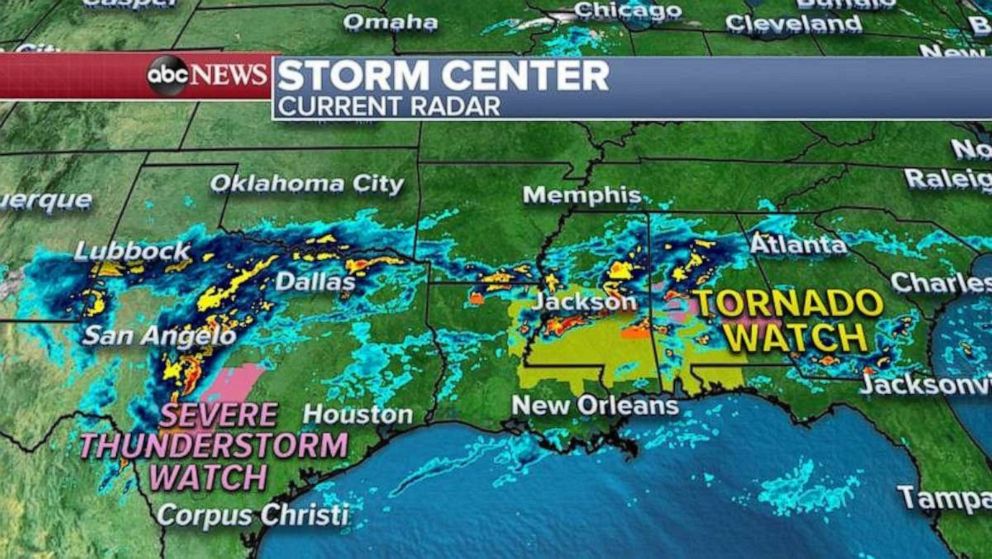 PHOTO: There is a tornado watch from Louisiana to the Florida panhandle Wednesday morning. There is also severe thunderstorm watch in central Texas where winds could be greater than 60 mph.