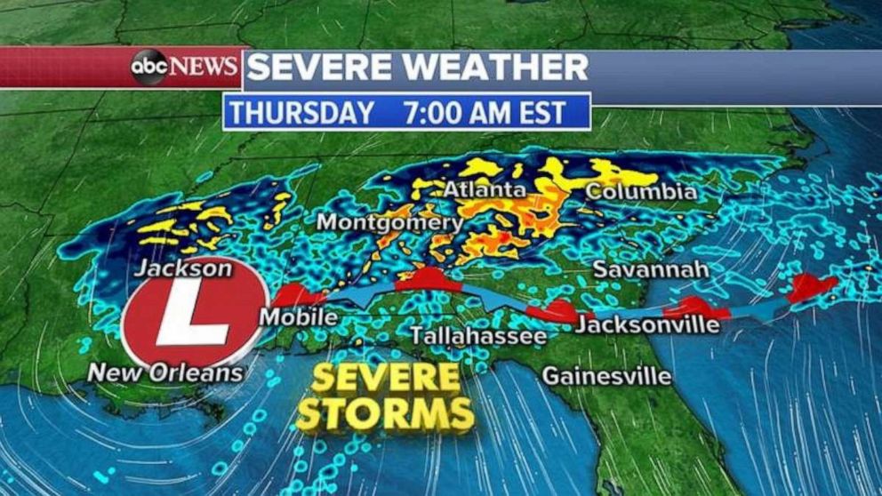 PHOTO: More severe weather is in the forecast for the South today, with tornadoes, damaging winds and hail all possible Thursday.