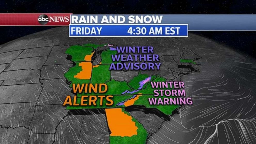 PHOTO: As these storms come together on the East Coast, 11 states are under wind and snow alerts
