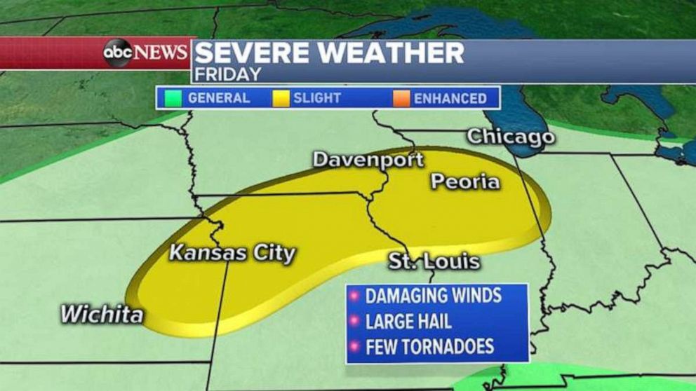 PHOTO: The next round of severe weather is expected later Friday from Kansas to Illinois with a big threat for large hail and tornadoes.