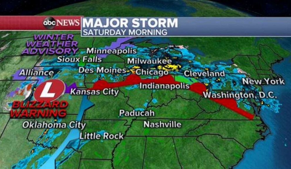 PHOTO: Radar Saturday morning is showing the organizing storm in the central U.S. with a rain shield that stretches from the Great Plains through the Great Lakes and the Mid-Atlantic.