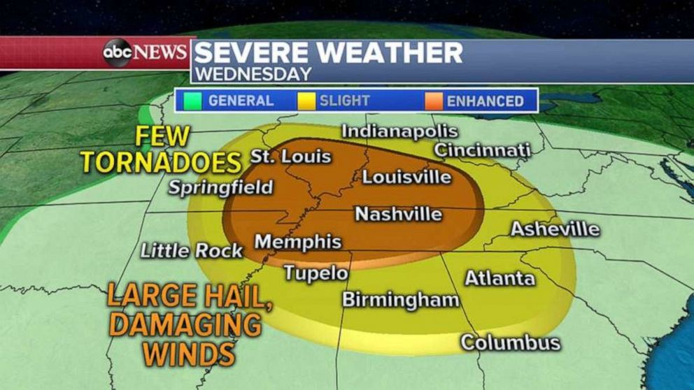 PHOTO: A new storm system Wednesday will bring more severe thunderstorms to the Midwest and the South