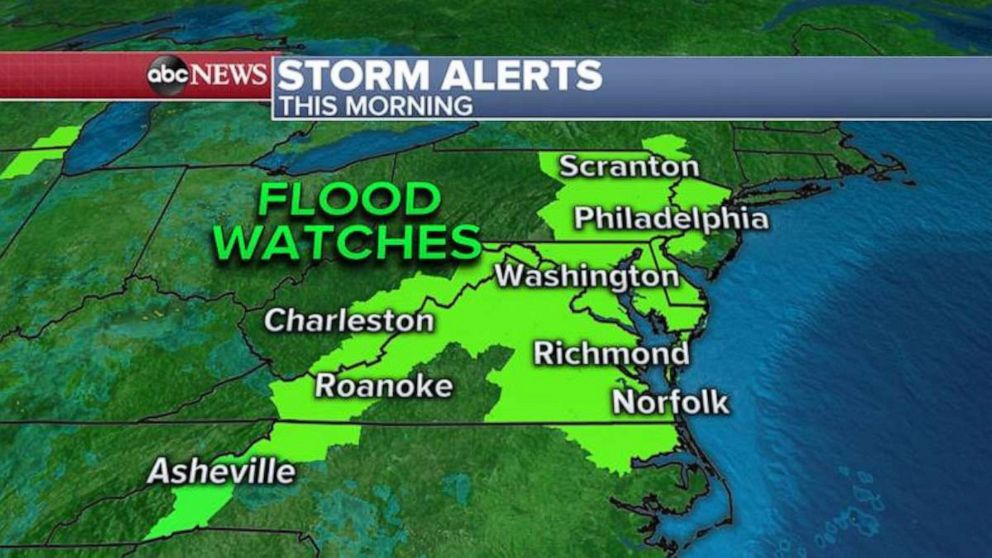 PHOTO: As of Wednesday morning, eight states on the East Coast are under flood alerts.