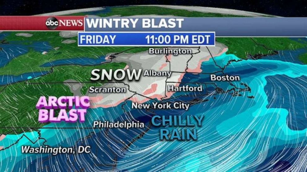 PHOTO:  This storm will move into the Northeast Friday and interact with arctic air to produce snow and rain for the parts of the region. 