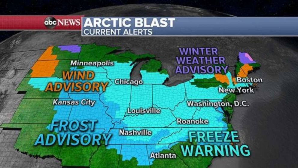 PHOTO: Frost advisories and freeze warnings are in effect Saturday morning from Oklahoma all the way to Massachusetts, as this cold air is dangerous for sensitive vegetation.