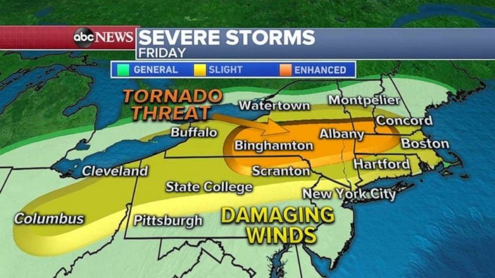 PHOTO: On the day that parts of the Northeast start reopening, there will be a shot at damaging winds (in excess of 60 mph) and even tornadoes.