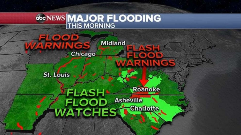 PHOTO: More than a dozen states from the Great Lakes into the Carolinas are under flood and flash flood warnings and watches Thursday.
